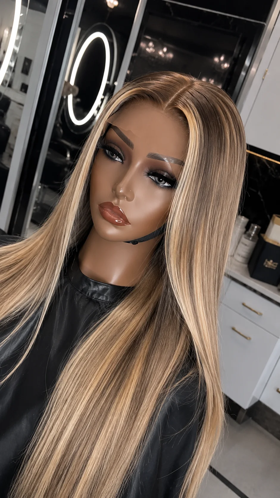Honey blonde highlighted straight lace front wig on mannequin