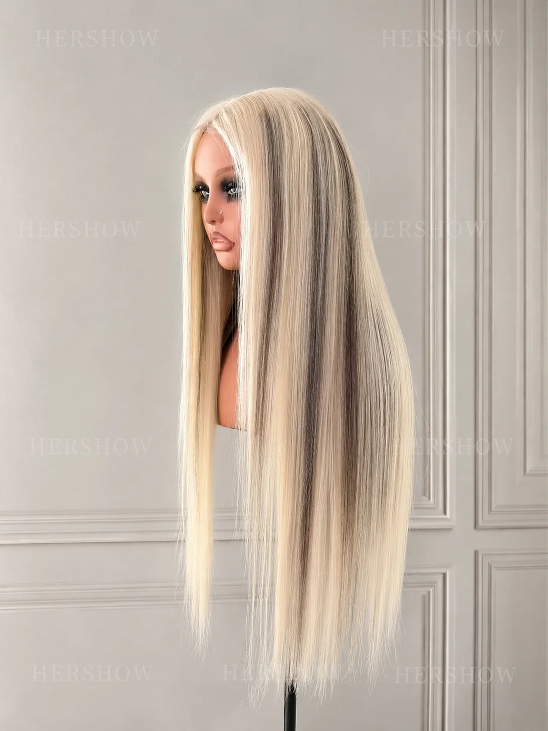 Platinum blonde streaked straight long wig side profile