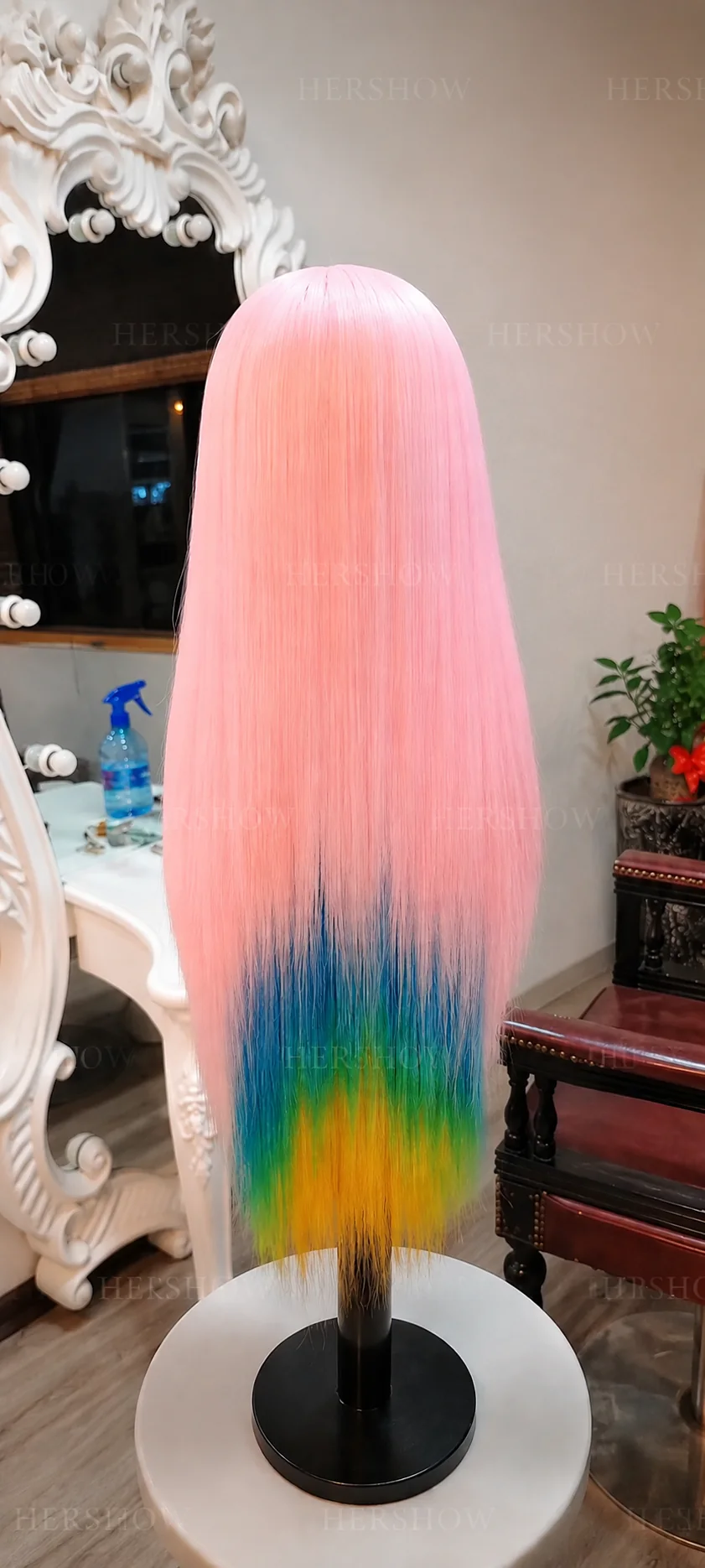 Rainbow ombré straight wig back view on stand